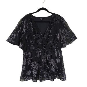Torrid Black Floral Print On Velvet Sheer Wrap Top With Flutter Sleeves Size 2